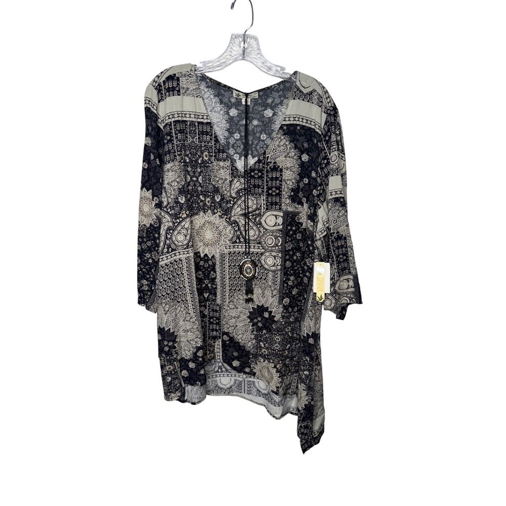 Unity World Wear Womens 3X Black Quilt Paisley Tunic V-Neck Necklace Boho